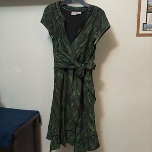 eShakti women's camo print handkerchief hem wrap look dress size 10 pockets NWOT